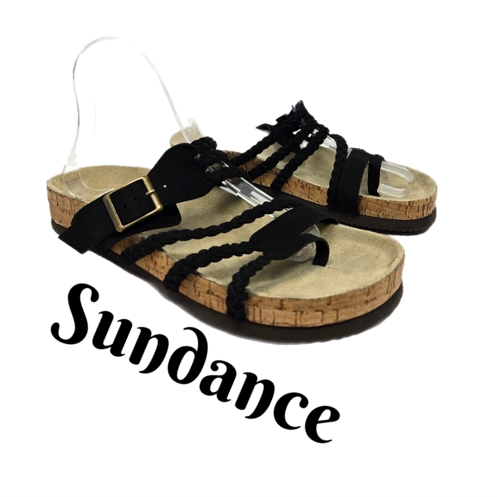 Sundance Braided Black Leather Womens Sandels Sz 41=9.5to 10 Casual Comfort Adj.